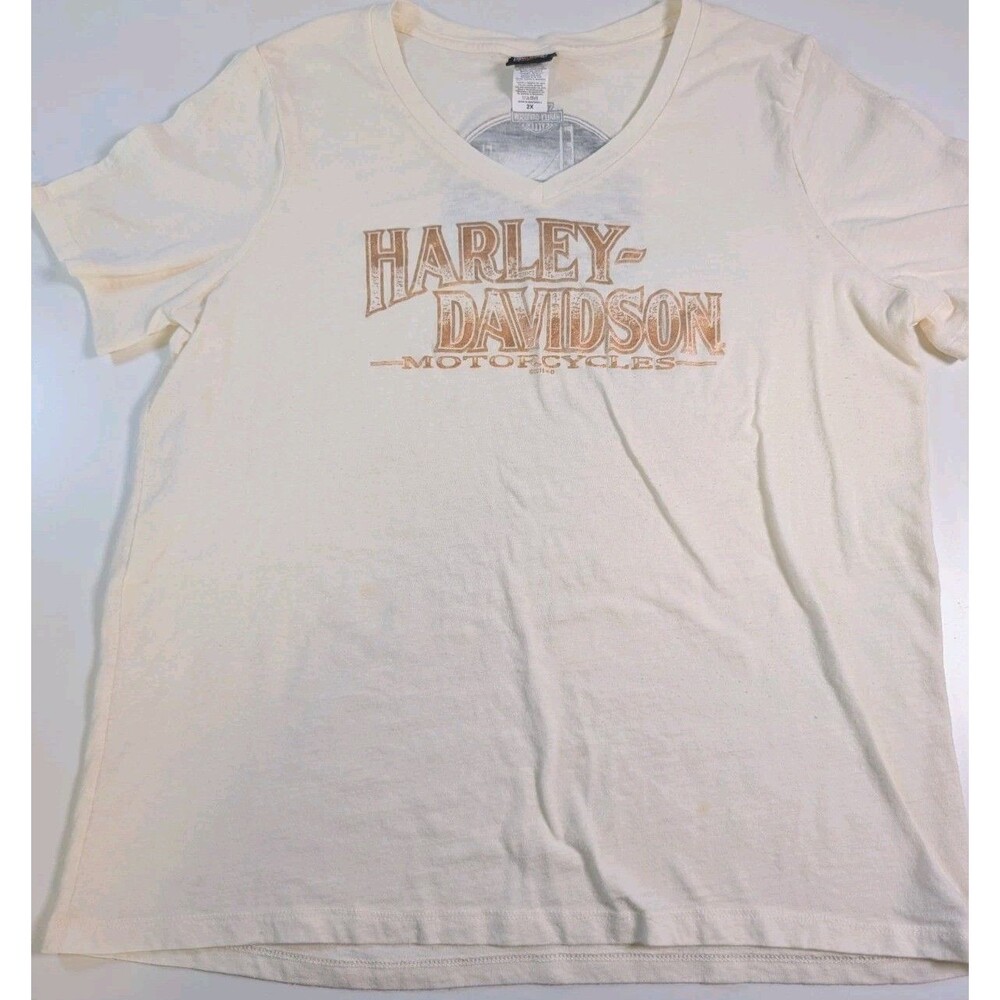 Harley Davidson Shirt Women 2x Size Ivory Gold Letters MACKINAW CITYMichigan 16